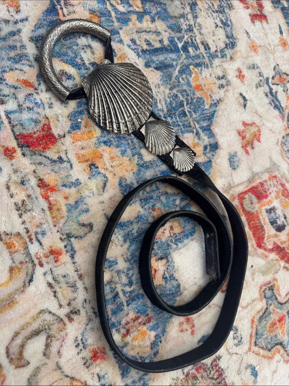 Vintage 80s 90s Silver Seashell Statement Belt Black Coastal Mermaid Y2K